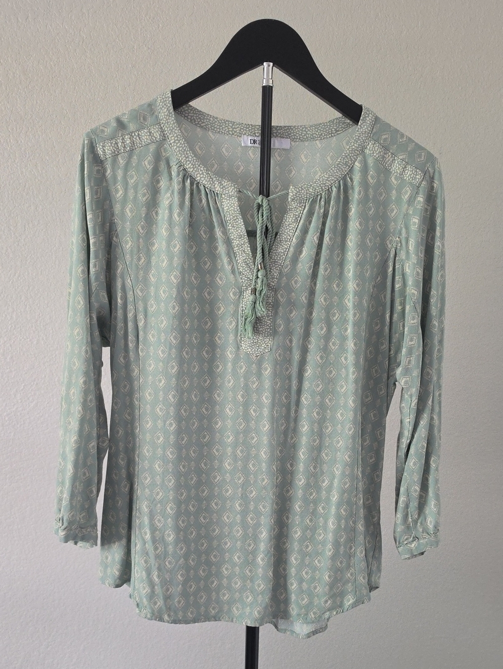 DR2 Sage Green Printed Tie-Neck Blouse with Tassels